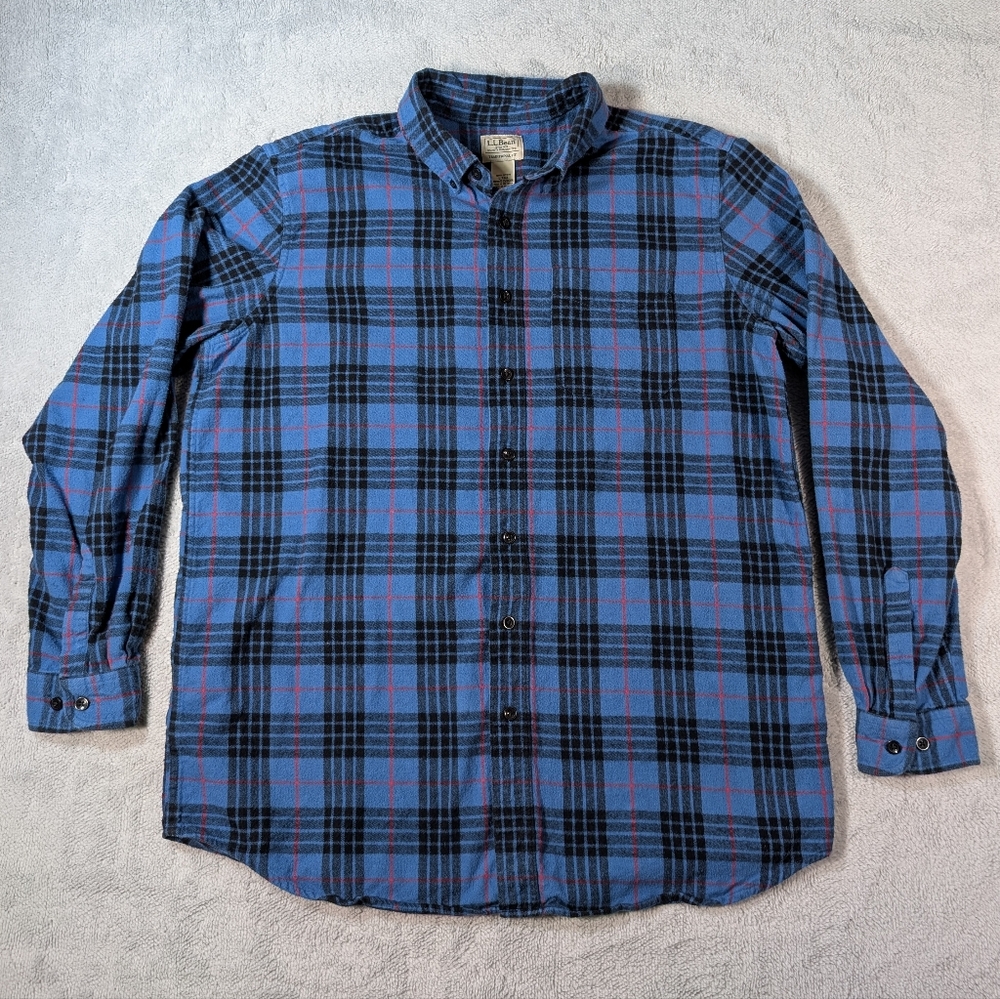 LL‎ Bean Flannel Shirt Mens Large Tall Blue Black Plaid Traditional Fit 228066